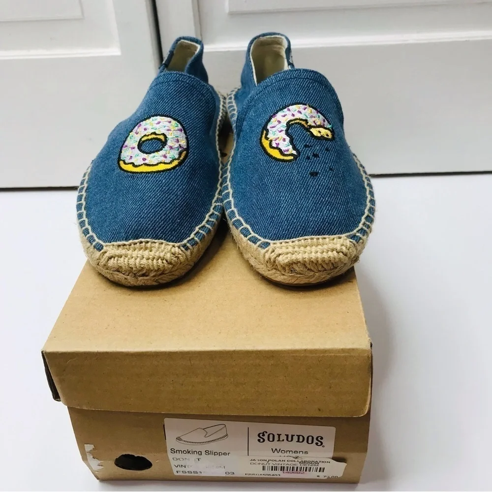 New SOLUDOS Jason Polan Vintage Denim Donut Smoking Slipper Size 7